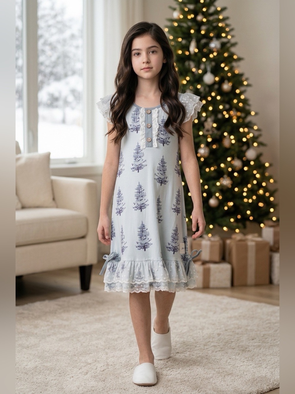 Jane + Jo Girl's Holiday Christmas Tree Lacey Lounge Pajama Gown Size 8Y EUC